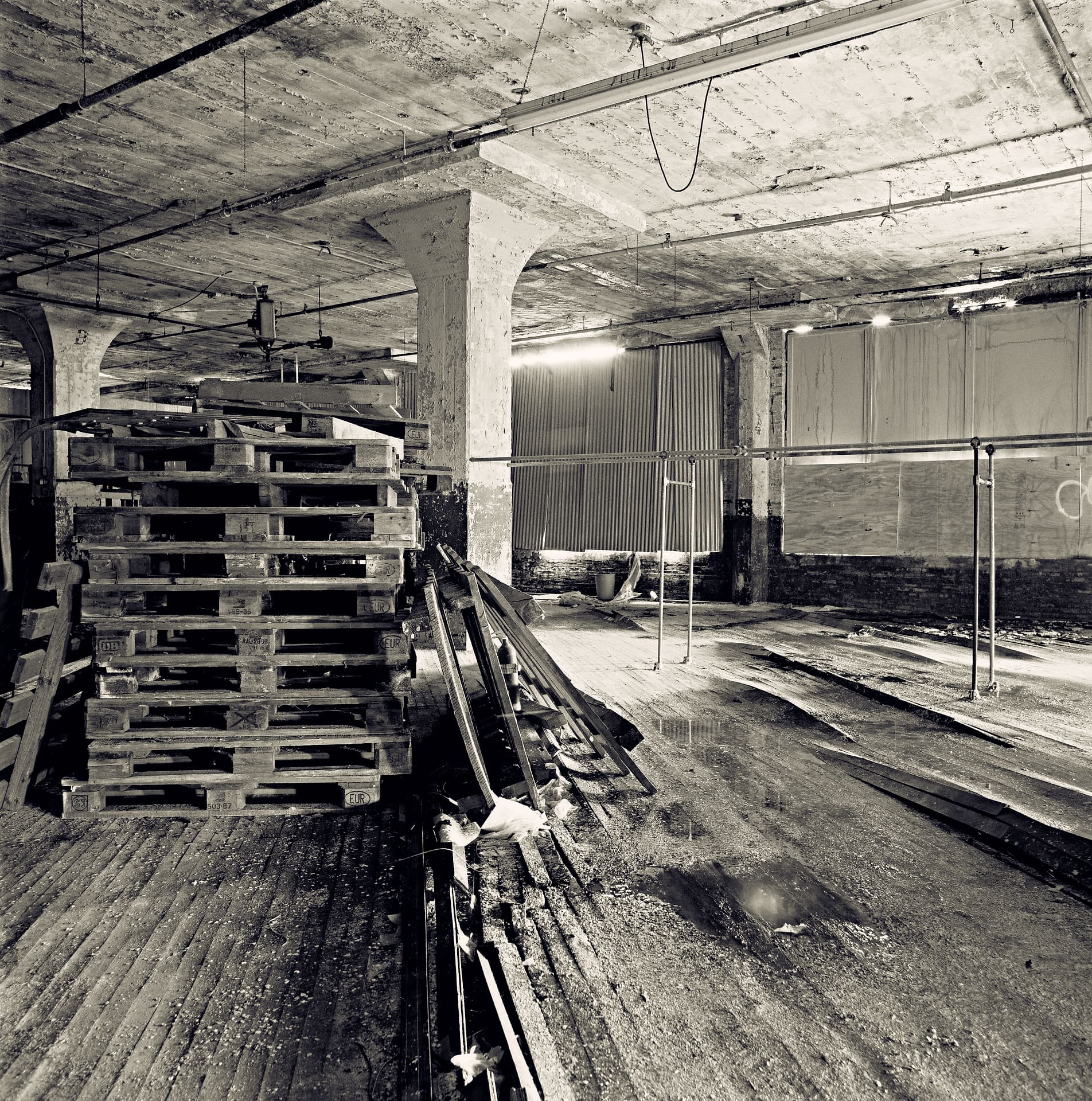 Empty factory floor with stacked wooden pallets, flared concrete columns, hanging conduit and stripped windows in grey daylight