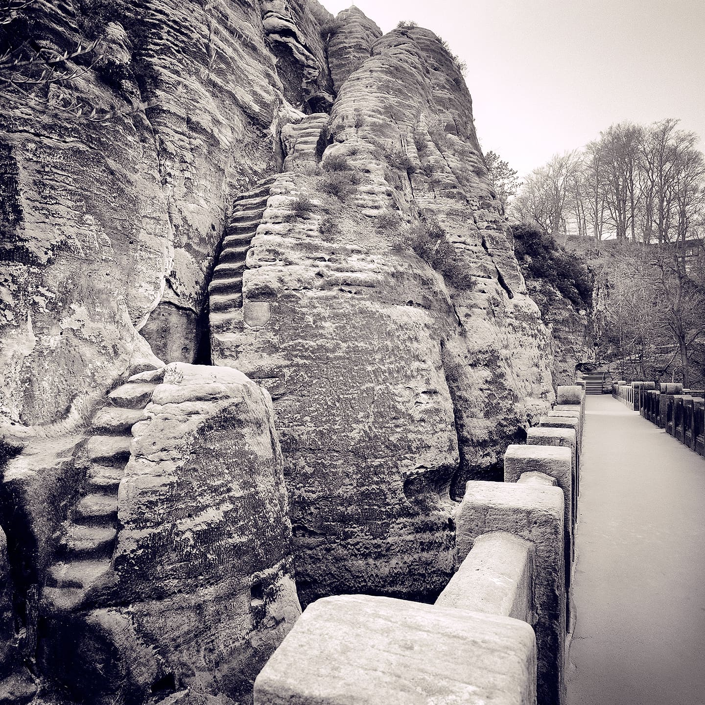 Steps cut into a layered sandstone outcrop beside a walled walkway curving away toward bare winter trees